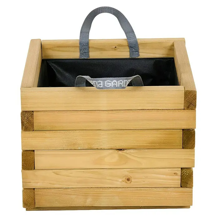 Siena Garden Pflanzkübel Taunus - Außenmaß (L x B x H): 40 x 40 x 33 cm, Holz, Naturbraun - Nahaufnahme einer rechteckigen Holzkiste mit Stoffeinsatz und Griffen, ideal für Pflanzen. Dekorative und funktionelle Pflanzgefäß für den Garten.