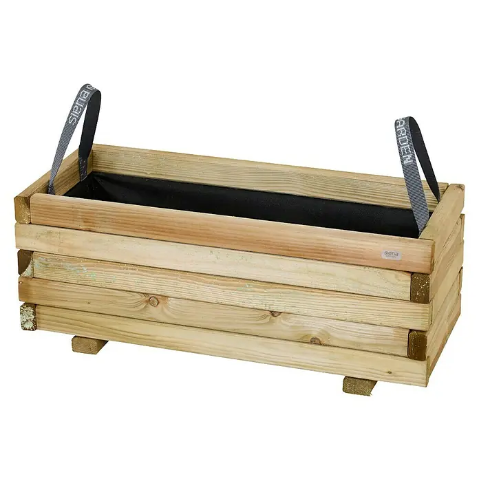 Siena Garden Pflanzkübel eckig Taunus - Außenmaß (L x B x H): 70 x 30 x 28 cm, Holz, Naturbraun - Nahaufnahme einer rechteckigen hölzernen Pflanzkiste mit schwarzen Trägern mit der Aufschrift "Siena Garden".