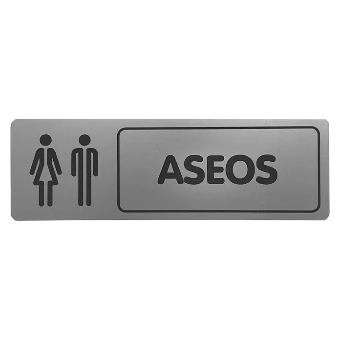 Rótulo - Plateado/Negro, WC - Señal gris con símbolos masculino y femenino y la palabra "ASEOS", que indica un baño unisex.