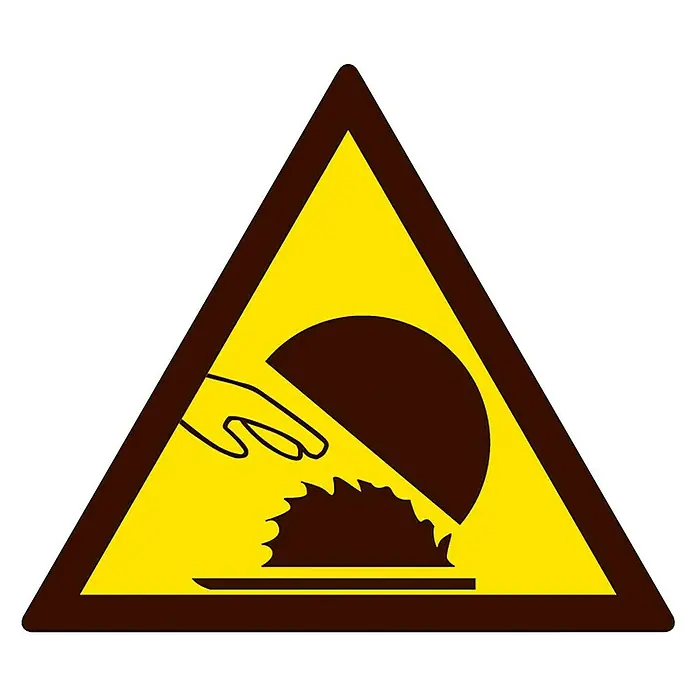 Cartel - Amarillo/Negro, Peligro de corte, 10,5 x 10,5 cm - ¡Cuidado con la sierra circular! La señal de advertencia muestra una mano acercándose a una sierra peligrosa. Protege tus manos.