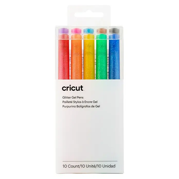 Cricut Gelroller-Set Glitzergelstifte - 10 -tlg., Mehrfarbig, 0,8 mm, Glitzernd - Eine Packung Cricut Glitter Gelstifte mit 10 verschiedenen Farben für kreative Projekte und Verzierungen.