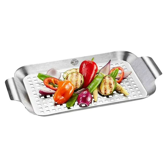 Dick Grillpfanne BBQ - L x B: 33 x 18,7 cm, Höhe: 2,5 cm, Edelstahl - Grillpfanne aus Edelstahl mit Gemüse wie Paprika und Zucchini. Ideal für die Zubereitung von Gemüse auf dem Grill.