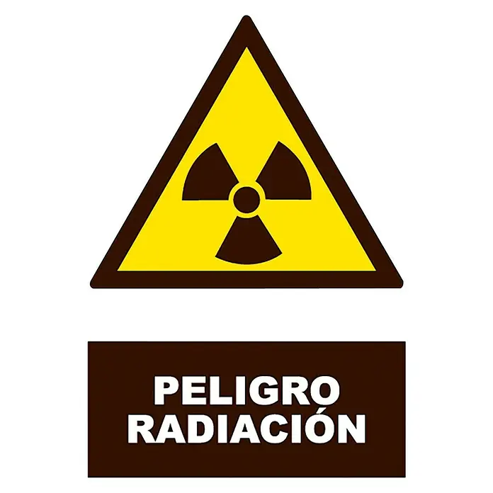 Cartel - Amarillo/Negro, Radiación - Señal de advertencia de peligro de radiación. Triángulo amarillo con símbolo radiactivo y rectángulo marrón con el texto "PELIGRO RADIACIÓN".
