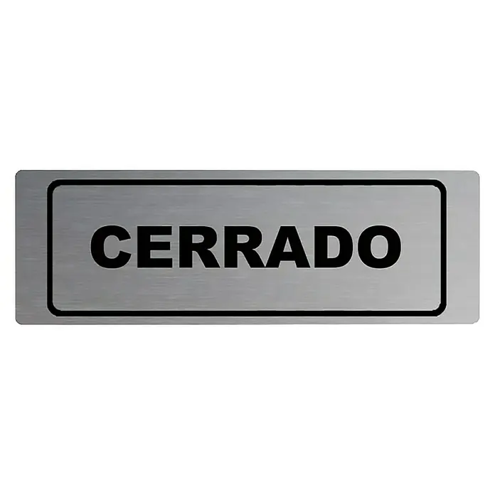 Rótulo - Plateado/Negro, Se puede cerrar - La imagen muestra un letrero rectangular con la palabra "CERRADO" en letras negras. El letrero tiene un fondo metálico.