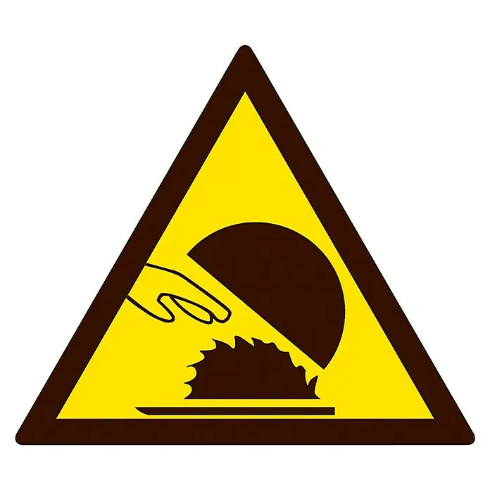 Cartel - Amarillo/Negro, Peligro de corte, 5 x 5 cm - Señal de advertencia "Precaución sierra circular": Triángulo amarillo con borde marrón, alertando sobre lesiones por sierras circulares.