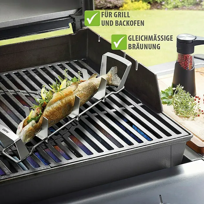 Dick Grillschale BBQ - L x B x H: 36 x 7,6 x 7,3 cm, Edelstahl - Fisch auf einem Grillrost zubereitet, perfekt für Grill und Backofen mit gleichmäßiger Bräunung.