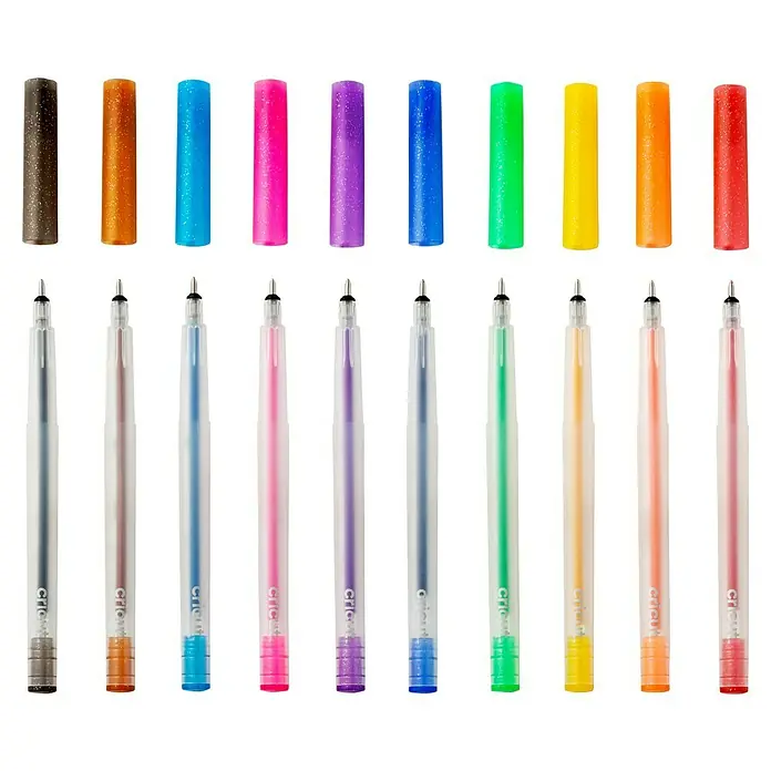 Cricut Gelroller-Set Glitzergelstifte - 10 -tlg., Mehrfarbig, 0,8 mm, Glitzernd - Ein Sortiment von Cricut Glitzergelstiften in verschiedenen Farben, ideal für Bastelprojekte und kreative Anwendungen.
