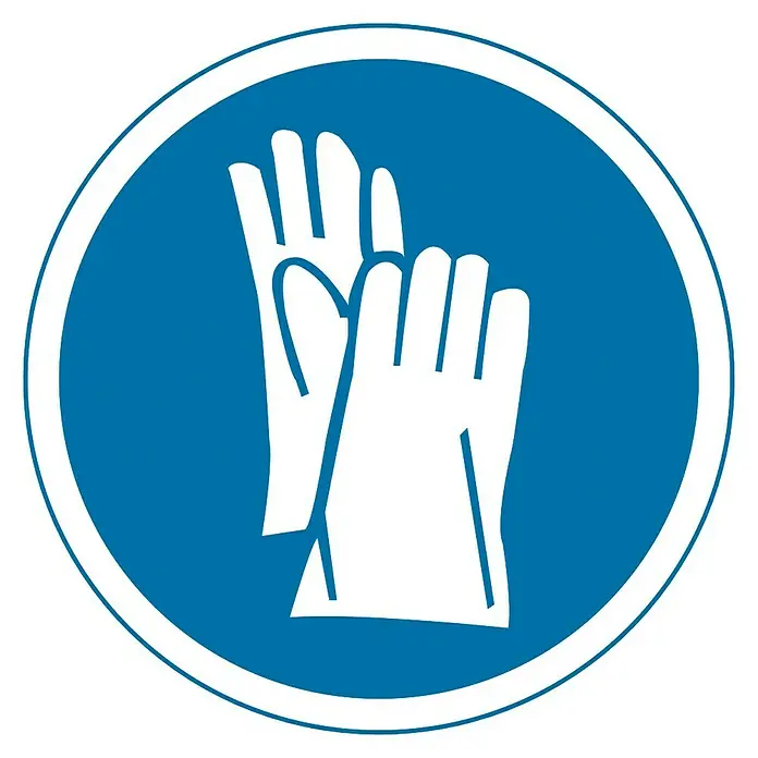 Cartel - Azul/Blanco, Uso obligatorio de guantes de seguridad, 10,5 x 10,5 cm - La imagen muestra una señal azul con un par de guantes protectores blancos, lo que indica la necesidad de usar guantes.