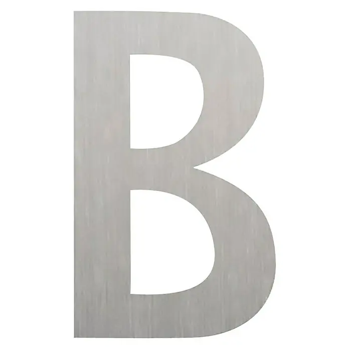 Etiqueta adhesiva troquelada 10 cm - B, Plástico, Plateado, Autoadhesivo - Primer plano de una letra B metálica, que muestra una estética industrial y moderna.