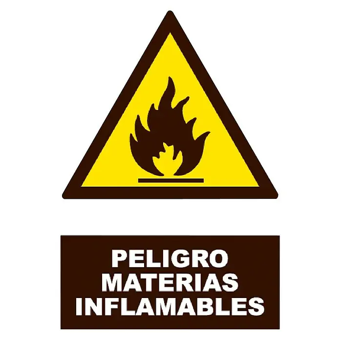 Cartel - Amarillo/Negro, Material inflamable - Señal de advertencia "Peligro Materiales Inflamables", con un triángulo amarillo y una llama negra.
