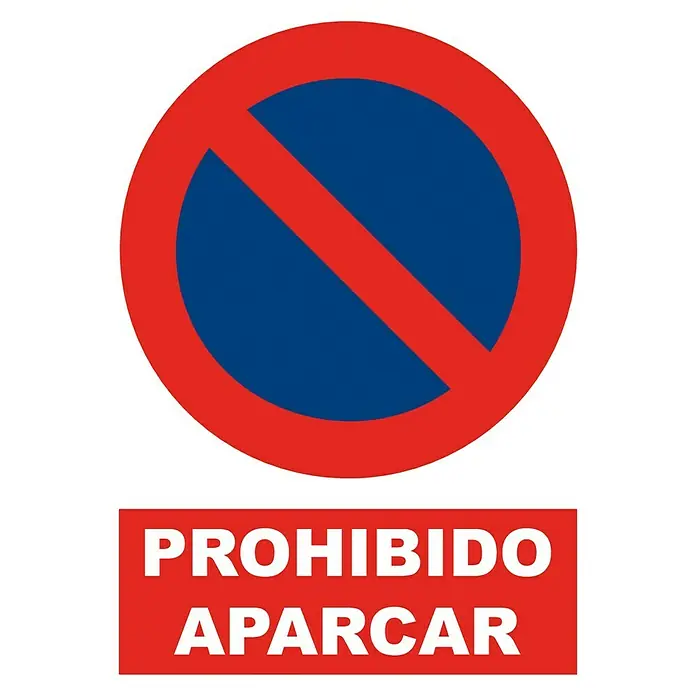 Cartel - Azul/Rojo, Prohibido aparcar, 23 x 34 cm - Señal de tráfico redonda con borde rojo, fondo azul y barra roja, con un letrero debajo que dice "PROHIBIDO APARCAR".