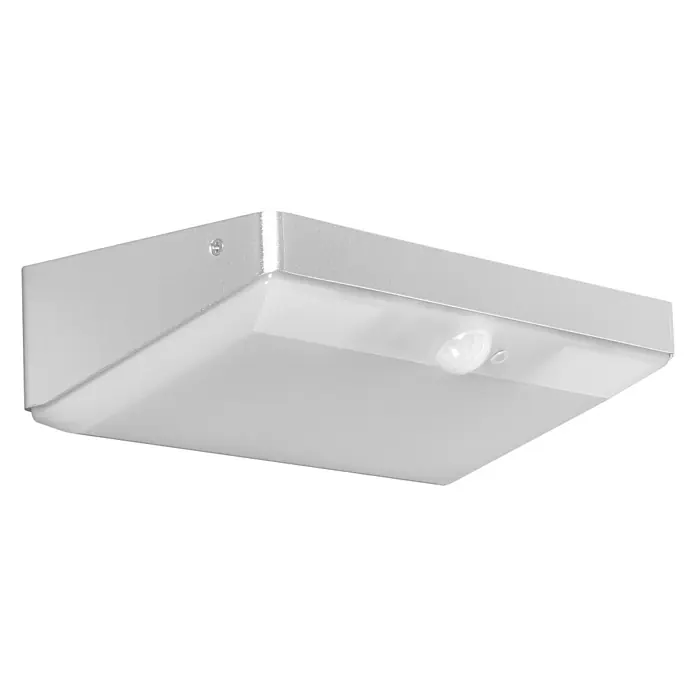 Arte confort Aplique solar para exterior con sensor Alcor - 5,6 W, L x An x Al: 18 x 9 x 4,5 cm, Plateado - Una lámpara de techo cuadrada plateada con un sensor de movimiento en el centro de la pantalla blanca.