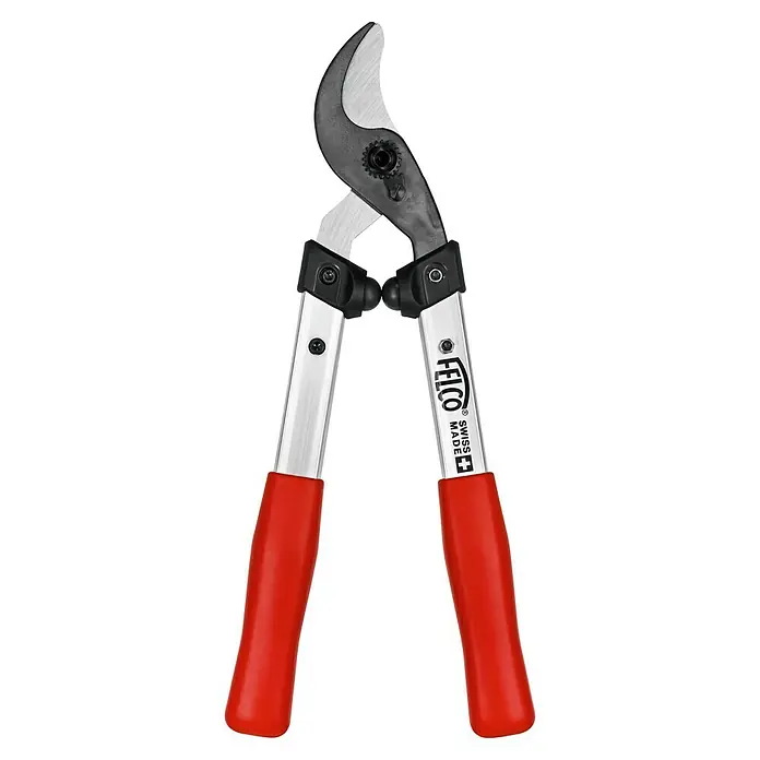 Felco Astschere 211-40 - Max. Aststärke: 35 mm, Länge: 40,5 cm - Nahaufnahme einer FELCO Baumscheren mit roten Griffen und silbernen Klingen, bekannt für ihre hohe Qualität und Präzision.