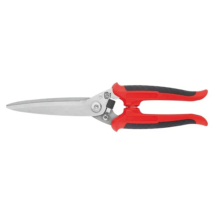 Felco Universalschere 456 - Länge: 29 cm - Bild einer Felco F456 Grasschere mit roten Griffen und einer gezackten Klinge, die sich ideal zum Trimmen von Gras und Hecken eignet.