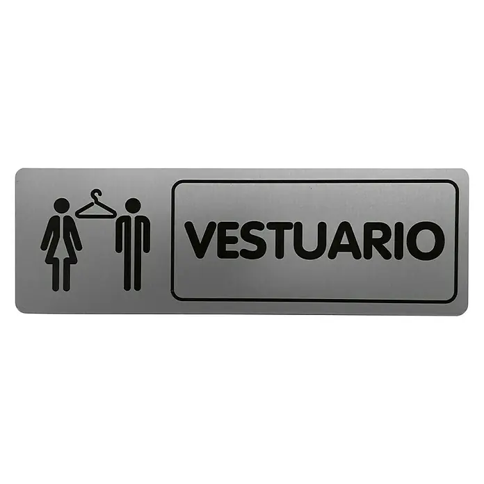 Rótulo - Plateado/Negro, Vestidor - Letrero plateado con pictogramas para mujer, hombre y perchas e inscripción "VESTUARIO".