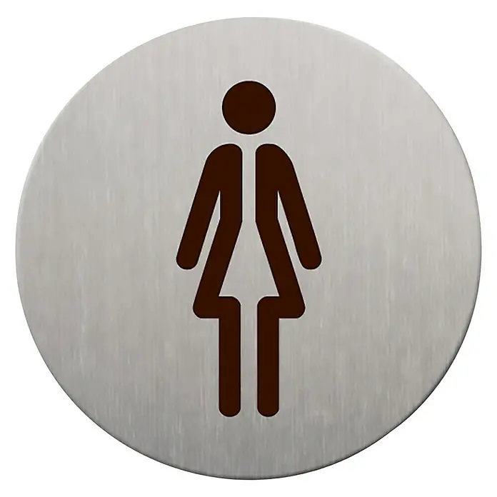 Rótulo - Plateado/Negro, Señoras, 9 cm - Símbolo de un baño de mujeres. El letrero redondo muestra una figura femenina estilizada en marrón sobre un fondo plateado.