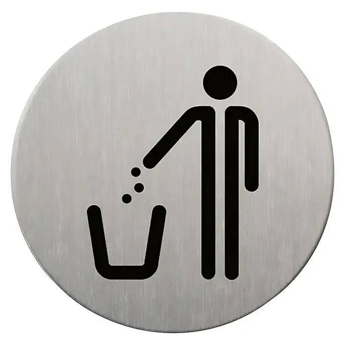 Rótulo - Plateado/Negro, Papelera, 9 cm - Símbolo de eliminación de residuos en placa metálica. Ilustración de una persona tirando basura en un bote de basura, representada en un cartel redondo.