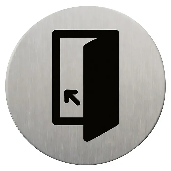 Rótulo - Plateado/Negro, Por favor, cierre la puerta, 9 cm - Señal de salida redonda con un símbolo de salida negro sobre un efecto de metal cepillado.