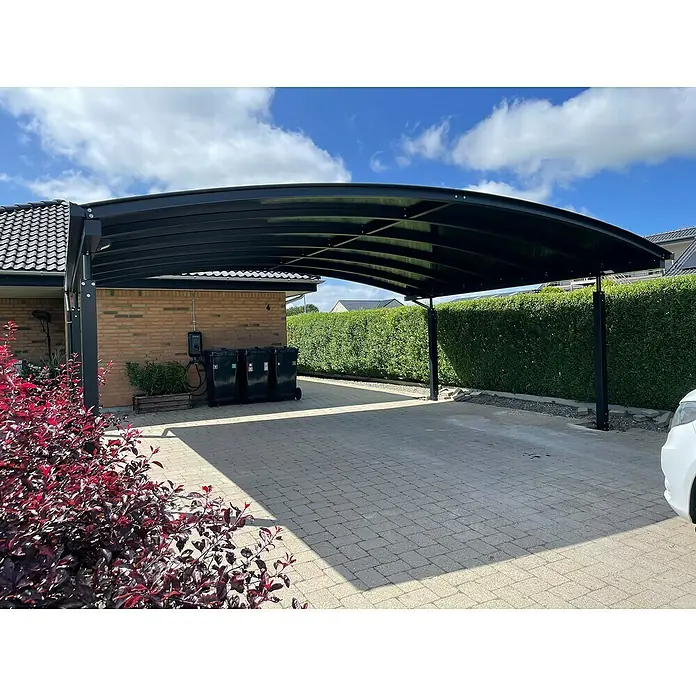 Allview Carport Cubus Lange Ausführung (Doppel) - Außenmaß inkl. Dachüberstand (B x T): 5,78 x 5,52 m, Grau - Eine moderne Carport-Konstruktion mit geschwungenem Dach, ideal für den Schutz von Fahrzeugen vor Witterungseinflüssen.