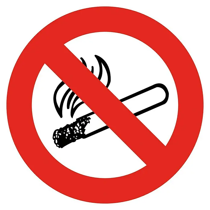 Cartel - Rojo/Blanco, Prohibido fumar, 10,5 x 10,5 cm - Una señal roja de prohibido fumar con un cigarrillo tachado, transmitiendo un mensaje claro para las zonas libres de humo.