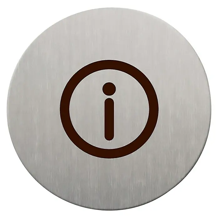 Rótulo - Plateado/Negro, Información, 9 cm - Botón de metal con un símbolo de información marrón, ideal para dispositivos o decoración.