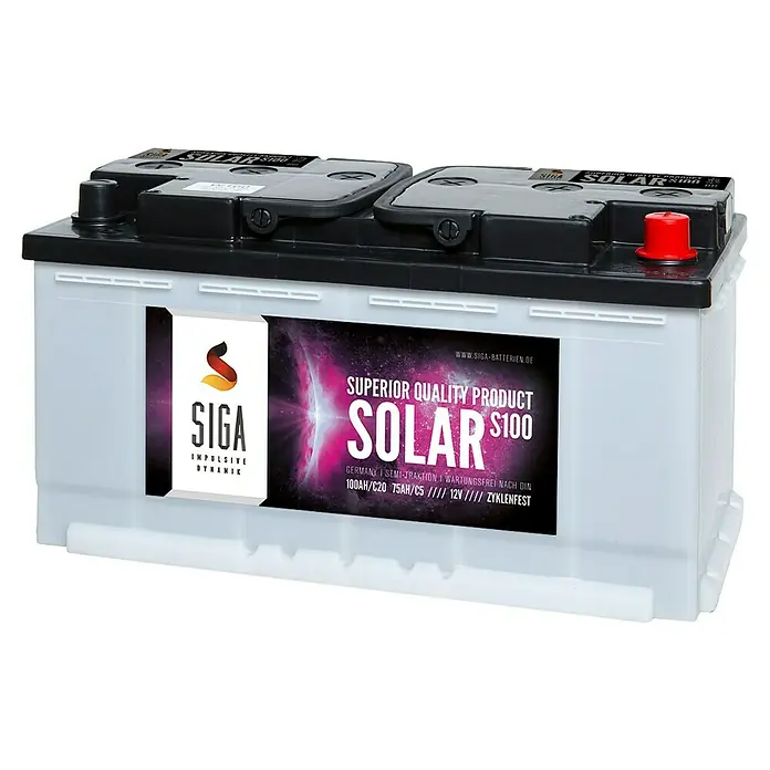 Solarbatterie S100 - 100 Ah, 12 V - Aufnahme einer SIGA SOLAR S100 Batterie, ein hochwertiges Produkt für Solarstromanlagen, mit Fokus auf Qualität und Leistung.