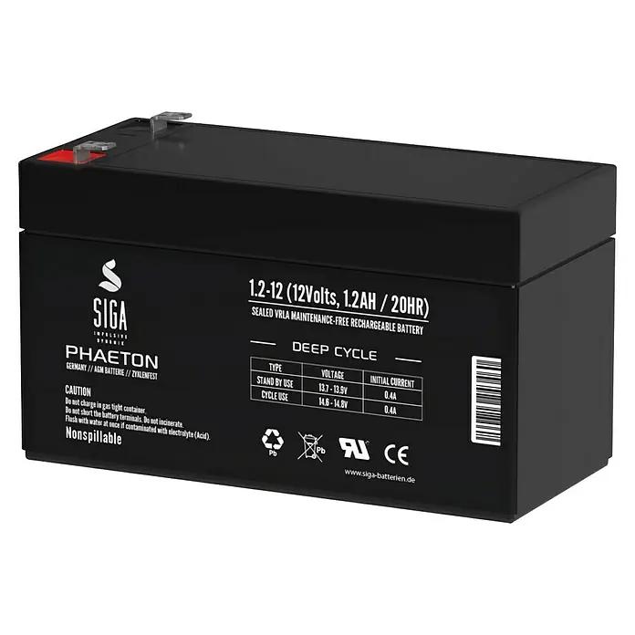 Akku Phaeton AGM - 1,2 Ah, 12 V - Abbildung einer schwarzen SIGA 1.2-12 (12Volt, 1.2AH / 20HR) versiegelten VRLA-wartungsfreien Akku für den Tiefzyklusgebrauch.