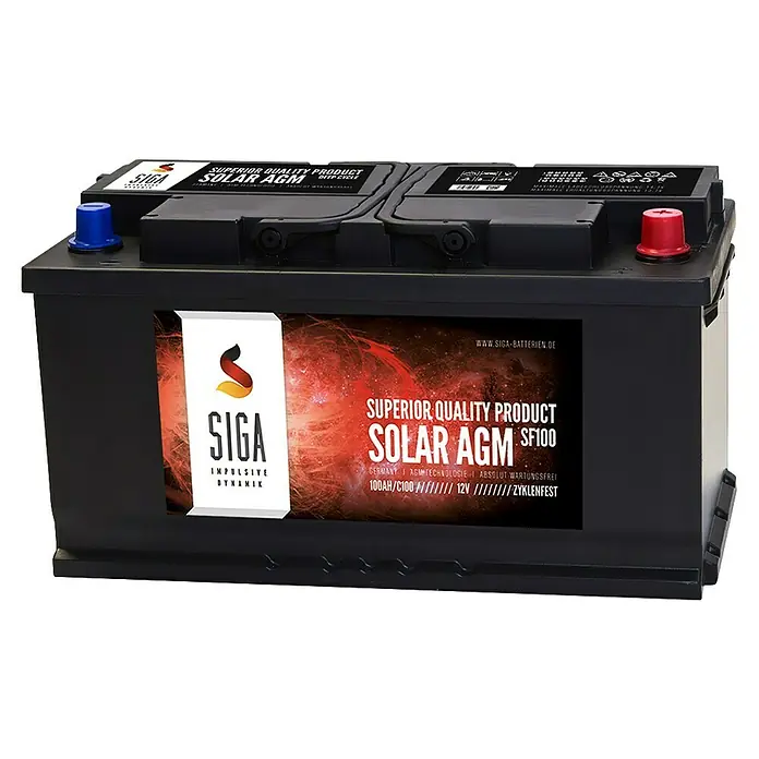 Solarbatterie SOLAR AGM - 100 Ah, 12 V - Nahaufnahme einer SIGA Solar AGM SF100 Batterie, ein hochwertiges Produkt für Solaranwendungen, mit blauem und rotem Pol.