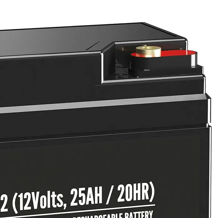 Akku Phaeton AGM Deep Cycle - 25 Ah, 12 V - Nahaufnahme einer wiederaufladbaren 12V 25AH Batterie mit vergoldeten Anschlüssen, ideal für verschiedene Anwendungen.