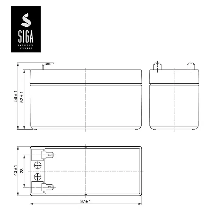 Akku Phaeton AGM - 1,2 Ah, 12 V - Dreiseitige technische Zeichnung der SIGA Batterie mit Größenangaben.