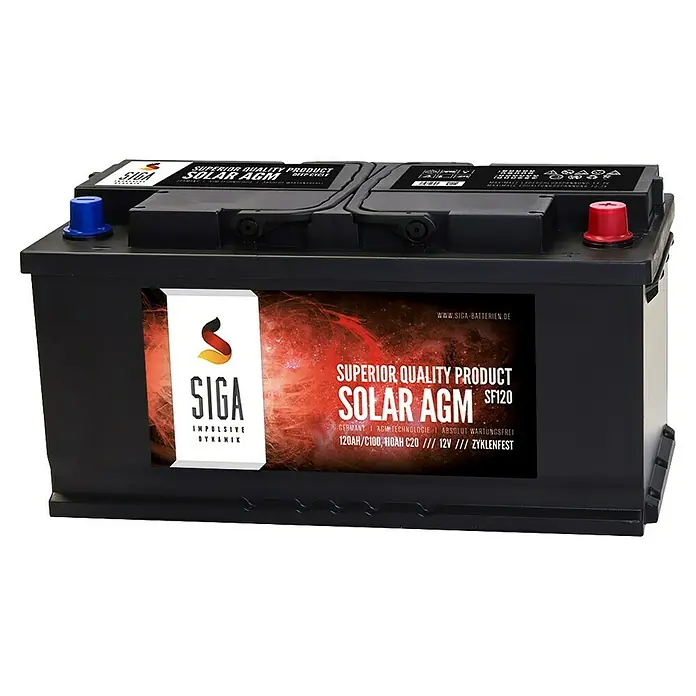 Solarbatterie - 120 Ah, 12 V - Schwarze SIGA Solar AGM SF120 Batterie mit blauem und rotem Pol. Die Batterie ist als "Superior Quality Product" ausgezeichnet.