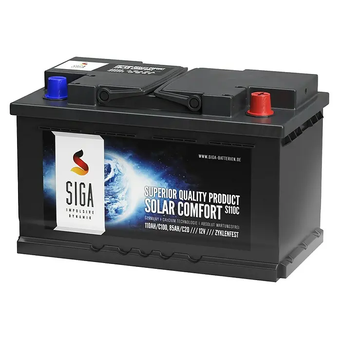 Solarbatterie Solar Comfort - 110 Ah, 12 V - SIGA Solar Comfort S110C Autobatterie mit 110Ah/C100 und 85Ah/C20, wartungsfrei und zyklensicher für zuverlässige Leistung.