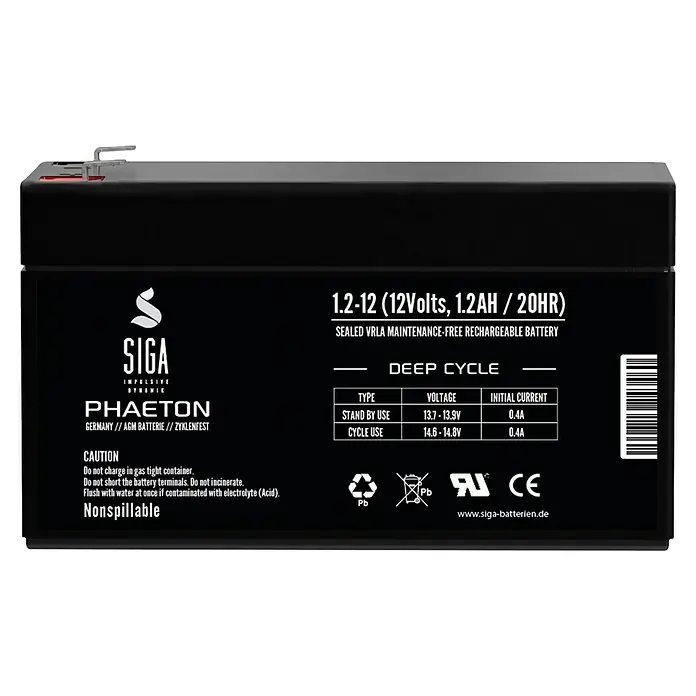 Akku Phaeton AGM - 1,2 Ah, 12 V - Abbildung einer SIGA 1.2-12 (12Volt, 1.2AH / 20HR) Deep Cycle Batterie.