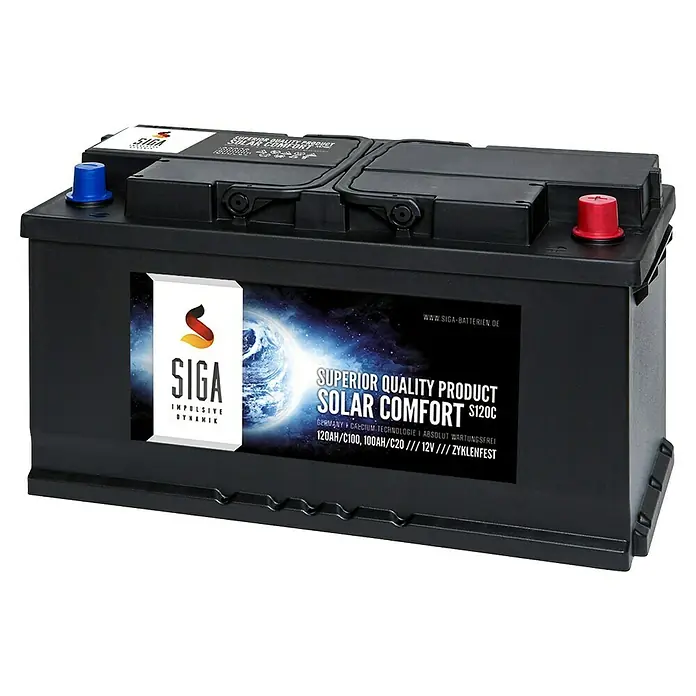 Solarbatterie Solar Comfort - 120 Ah, 12 V - Abbildung einer SIGA Solar Comfort S120C Autobatterie. Die Batterie ist schwarz und hat rote und blaue Anschlüsse.