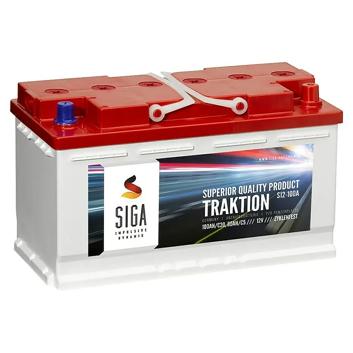 Traktionsbatterie - 100 Ah, 12 V - Das Bild zeigt eine SIGA Traktion S12-100A Batterie, eine hochwertige Stromquelle für anspruchsvolle Anwendungen.