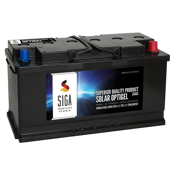 Solarbatterie OPTIGEL - 100 Ah, 12 V - Abbildung einer SIGA Solar Optigel S100G Batterie, ein hochwertiges Produkt für Solaranwendungen mit Gel-Technologie.