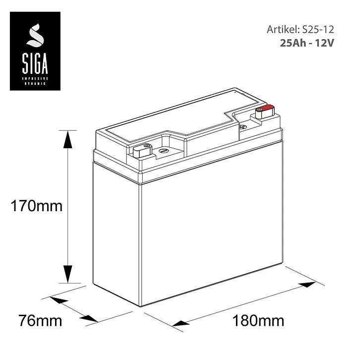 Akku Phaeton AGM Deep Cycle - 25 Ah, 12 V - Abbildung einer Siga S25-12 25Ah-12V Batterie mit den Maßen 170mm Höhe, 76mm Breite und 180mm Länge.