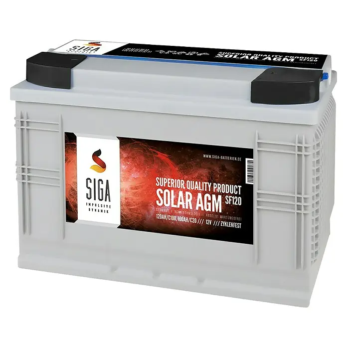 Solarbatterie SOLAR AGM - 120 Ah, 12 V - Das Bild zeigt eine SIGA Solar AGM SF120 Batterie, eine hochwertige Batterie für Solaranwendungen, die für ihre Zuverlässigkeit und lange Lebensdauer bekannt ist.