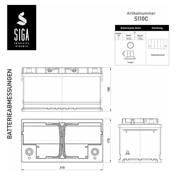 Solarbatterie Solar Comfort - 110 Ah, 12 V - Produktdiagramm der SIGA S110C Autobatterie mit Abmessungen, Polanordnung und technischen Details.