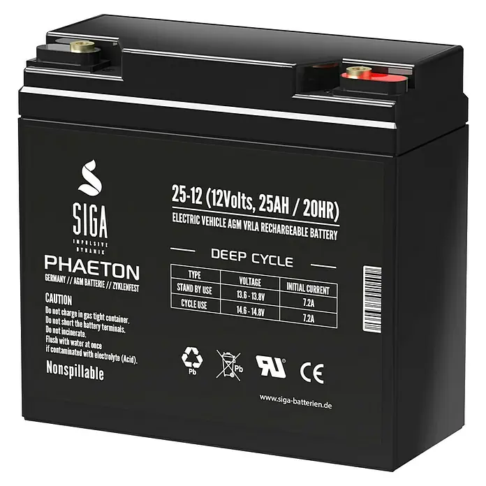 Akku Phaeton AGM Deep Cycle - 25 Ah, 12 V - Produktbild einer SIGA 25-12 (12Volt, 25AH/20HR) Deep Cycle AGM VRLA Batterie für Elektrofahrzeuge.