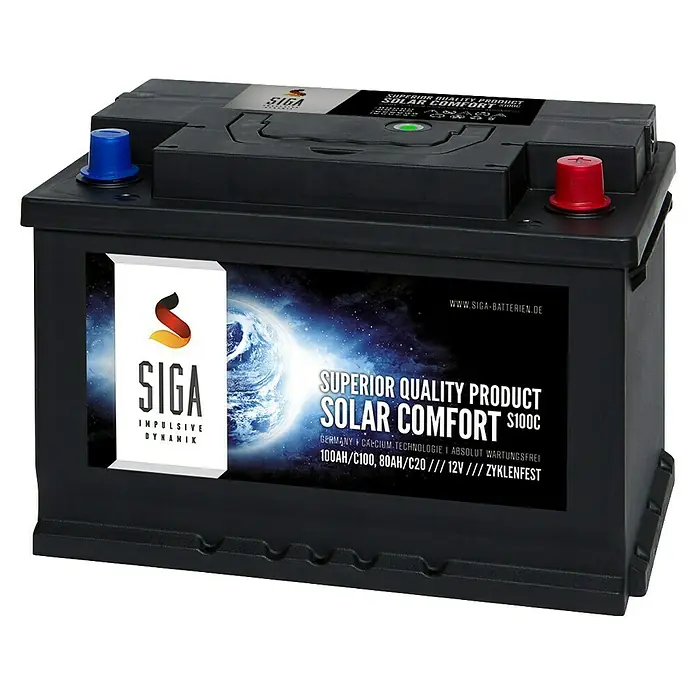 Solarbatterie Solar Comfort - 100 Ah, 12 V - Abbildung einer SIGA Solar Comfort S100C Batterie, ein Qualitätsprodukt für Solarstromspeicher mit 100Ah/C100 und 80Ah/C20.