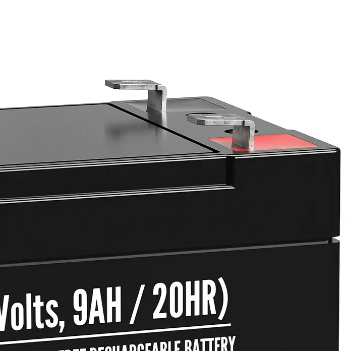 Akku Phaeton AGM Deep Cycle - 9 Ah, 12 V - Detailaufnahme einer schwarzen 9AH/20HR Batterie mit silbernen Anschlüssen und rotem Akzent.