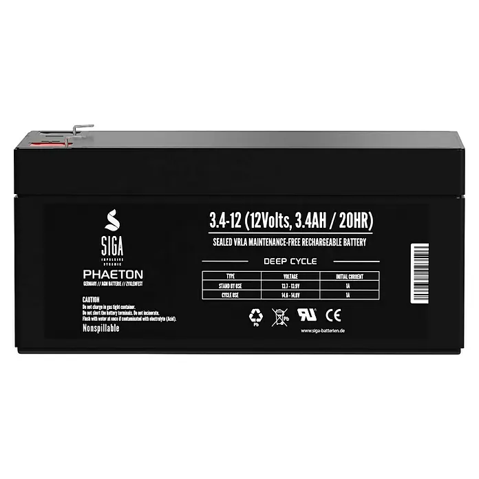 Akku Phaeton AGM - 3,4 Ah, 12 V - Nahaufnahme einer SIGA Phäeton 3.4-12 Batterie, eine wartungsfreie, wiederaufladbare 12V VRLA Batterie für zyklische Nutzung.