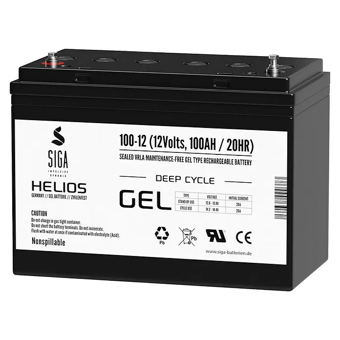 Akku Helios GEL - 100 Ah, 12 V - Abbildung einer SIGA Helios 100-12 Gel-Batterie, eine wartungsfreie 12V/100AH-Batterie für zyklische Anwendungen.