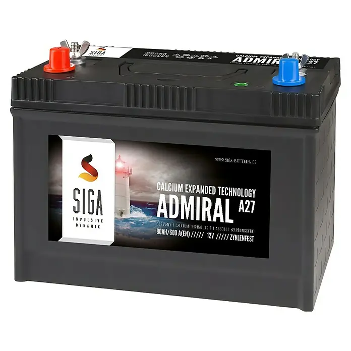 Bootsbatterie Admiral - Kapazität: 80 Ah, 12 V - Produktbild einer SIGA Admiral A27 Autobatterie mit Calcium Expanded Technology, 12V, 80Ah/600A(EN), und dem SIGA-Logo.
