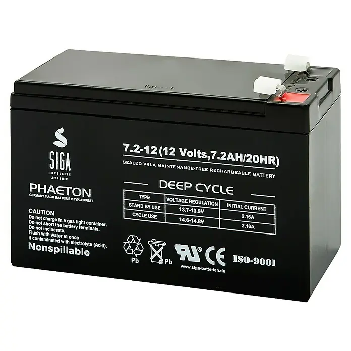 Akku Phaeton AGM Deep Cycle - 7,2 Ah, 12 V - SIGA 7.2-12 Batterie: 12 Volt, 7.2AH/20HR, wartungsfrei, wiederaufladbar. Ideal für zyklische Anwendungen, mit Sicherheitshinweisen.