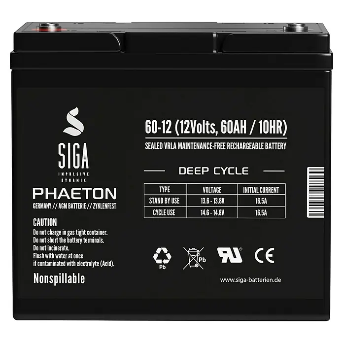 Akku Phaeton AGM Deep Cycle - 60 Ah, 12 V - Abbildung einer SIGA 60-12 (12Volt, 60AH/10HR) verschlossenen VRLA wartungsfreien, wiederaufladbaren Batterie für den Tiefzyklus.