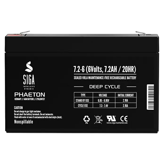 Akku Phaeton AGM Deep Cycle - 7,2 Ah, 6 V - Abbildung einer SIGA 7.2-6 (6 Volt, 7.2AH/20HR) VRLA-Batterie, wartungsfrei und wiederaufladbar, für Deep-Cycle-Anwendungen.