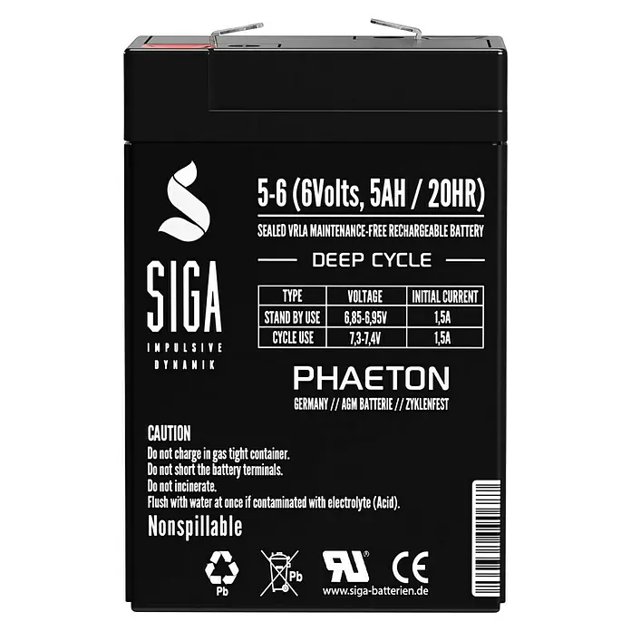 Akku Phaeton AGM Deep Cycle - 5 Ah, 6 V - Schwarze SIGA Phaeton Batterie mit 5-6 (6Volt, 5AH/20HR) und Hinweisen zur Verwendung.