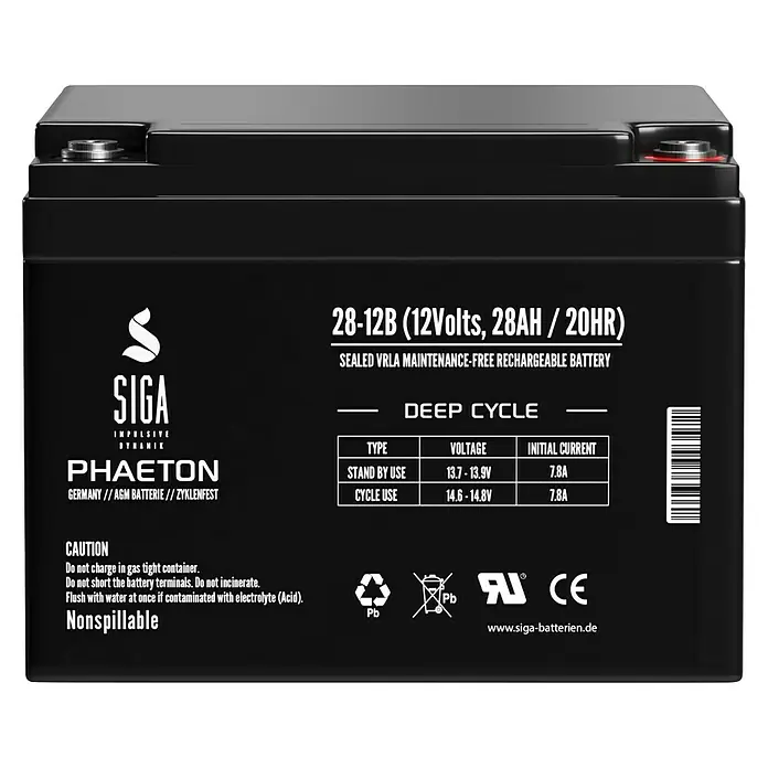 Akku Phaeton AGM - 28 Ah, 12 V - Abbildung einer schwarzen SIGA 28-12B (12Volt, 28AH/20HR) Deep Cycle Batterie mit zugehörigen Spezifikationen.